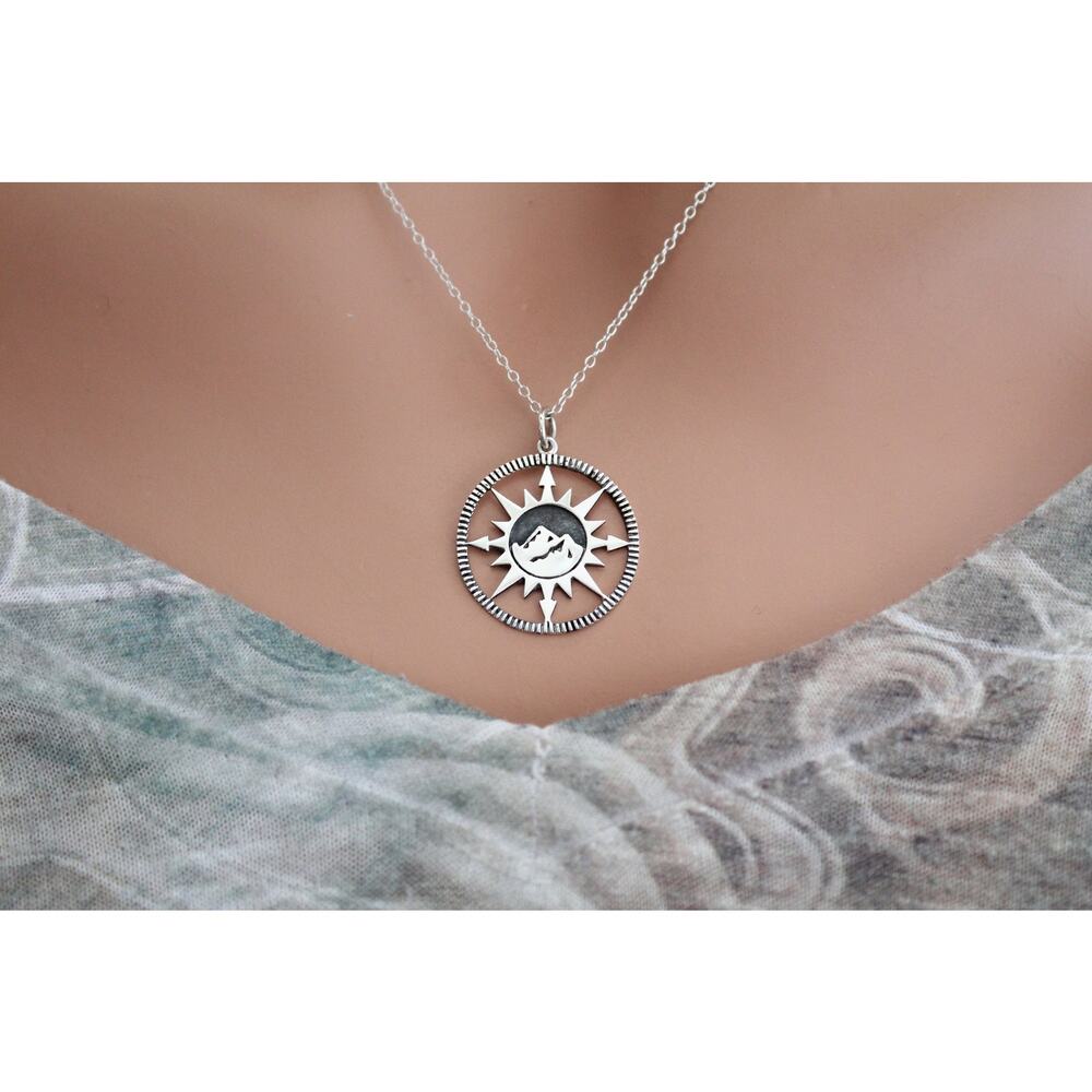 Sterling Silver Compass Pendant with Mountain Center Charm Necklace